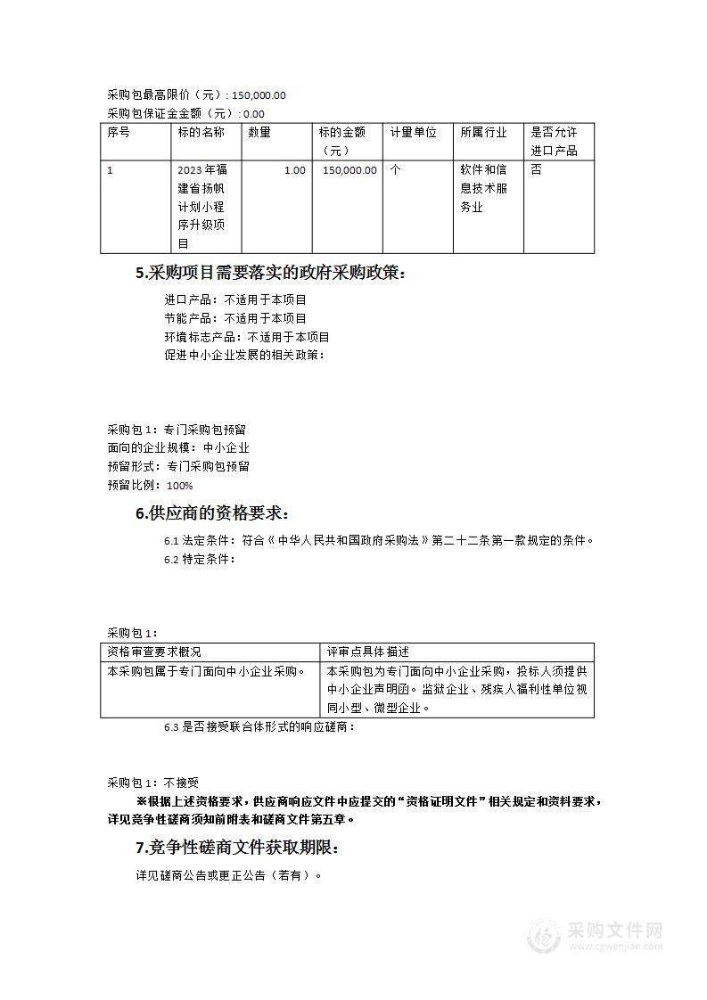 2023年福建省“扬帆计划”小程序升级项目