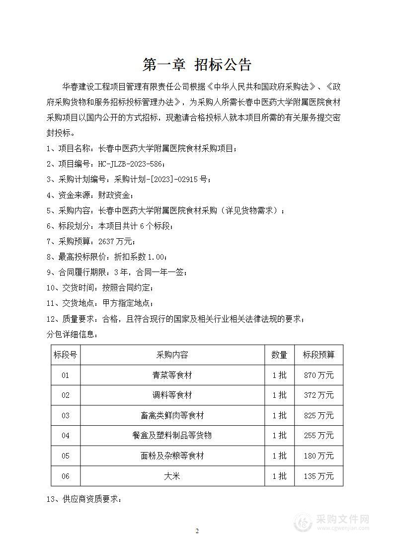 长春中医药大学附属医院食材采购项目