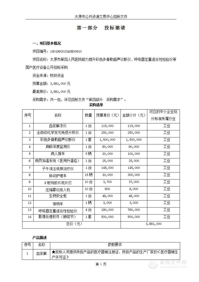 太原市第四人民医院能力提升彩色多普勒超声诊断仪、呼吸器定量适合性检验仪等国产医疗设备公开招标采购