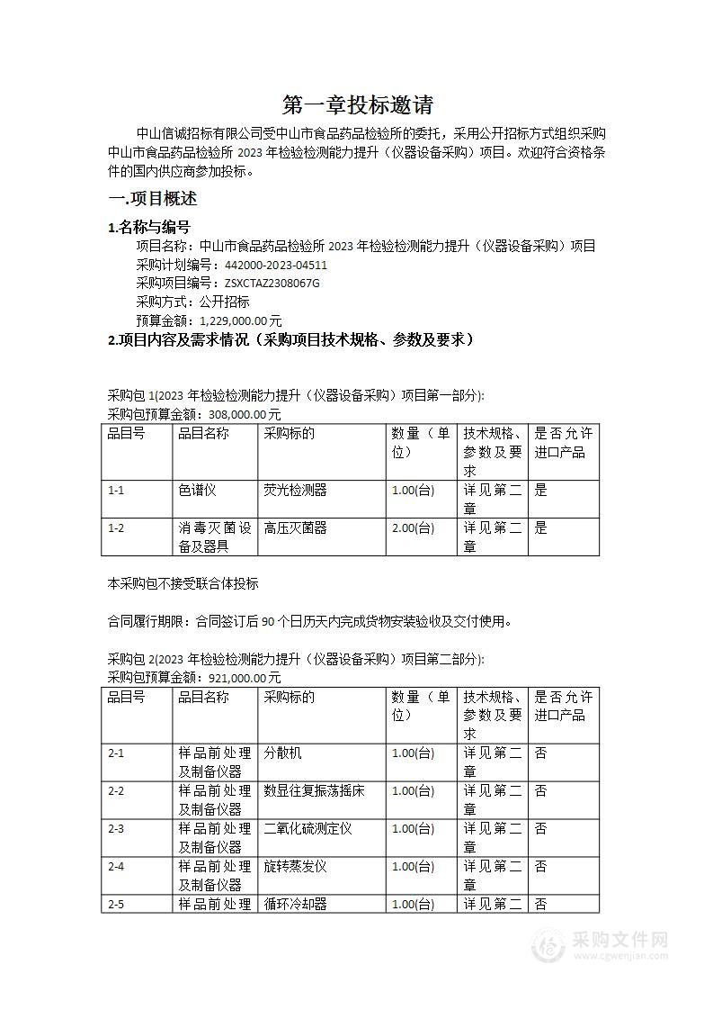 中山市食品药品检验所2023年检验检测能力提升（仪器设备采购）项目