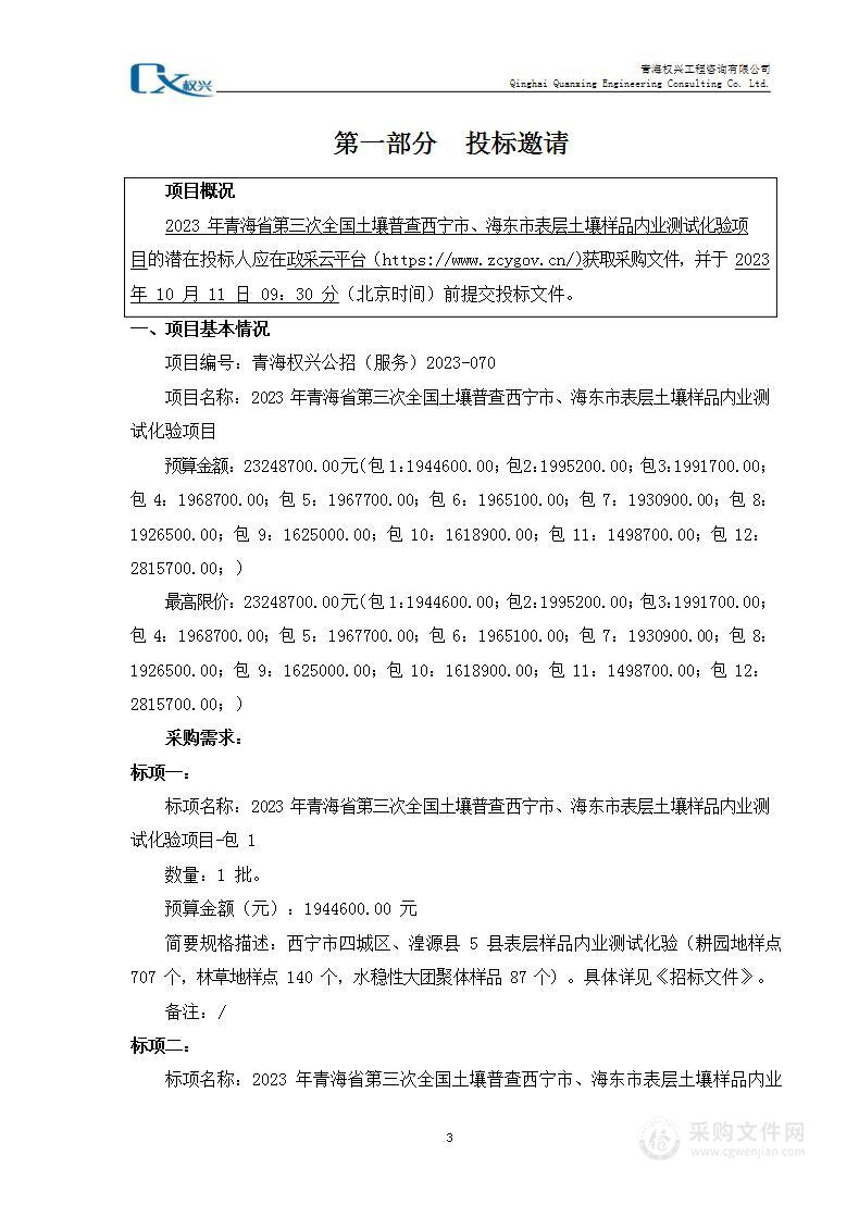 2023年青海省第三次全国土壤普查西宁市、海东市表层土壤样品内业测试化验项目