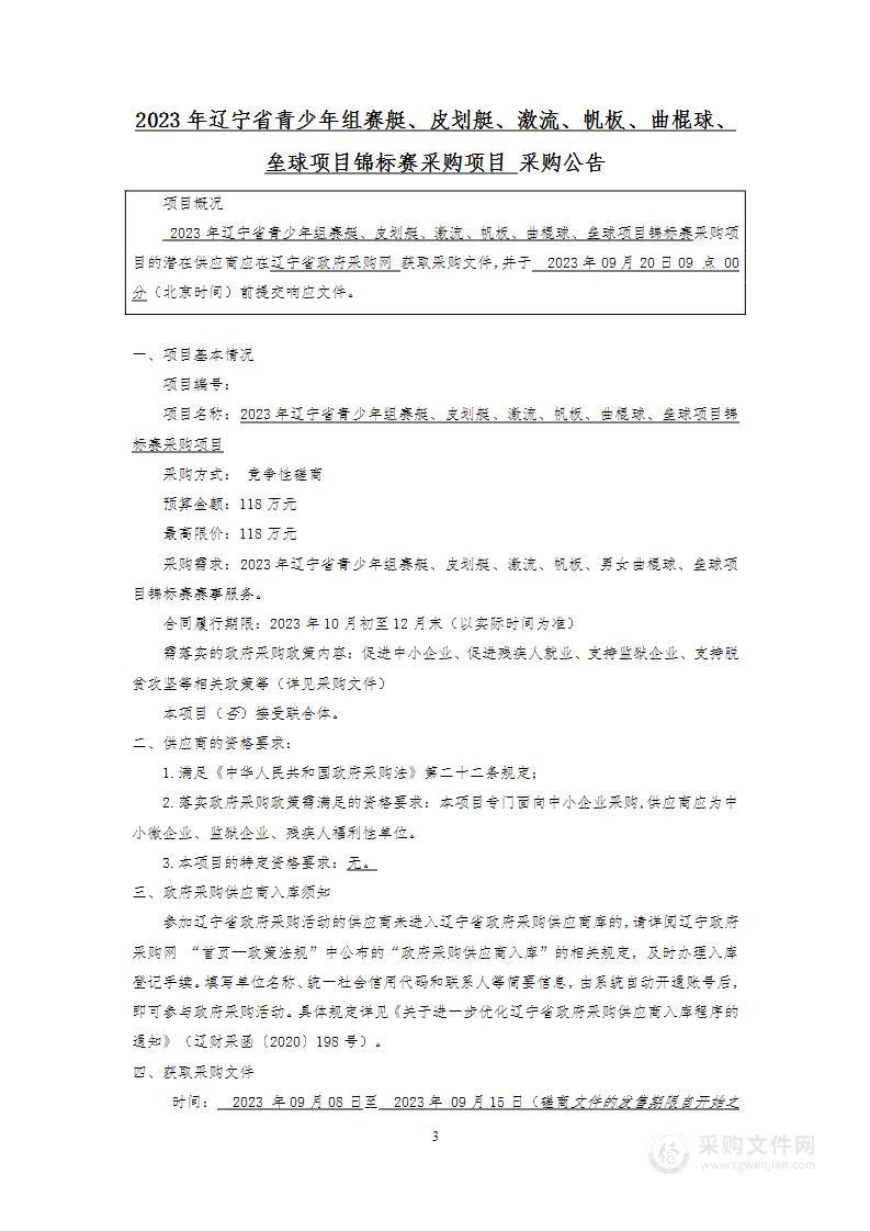 2023年辽宁省青少年组赛艇、皮划艇、激流、帆板、曲棍球、垒球项目锦标赛赛事服务采购