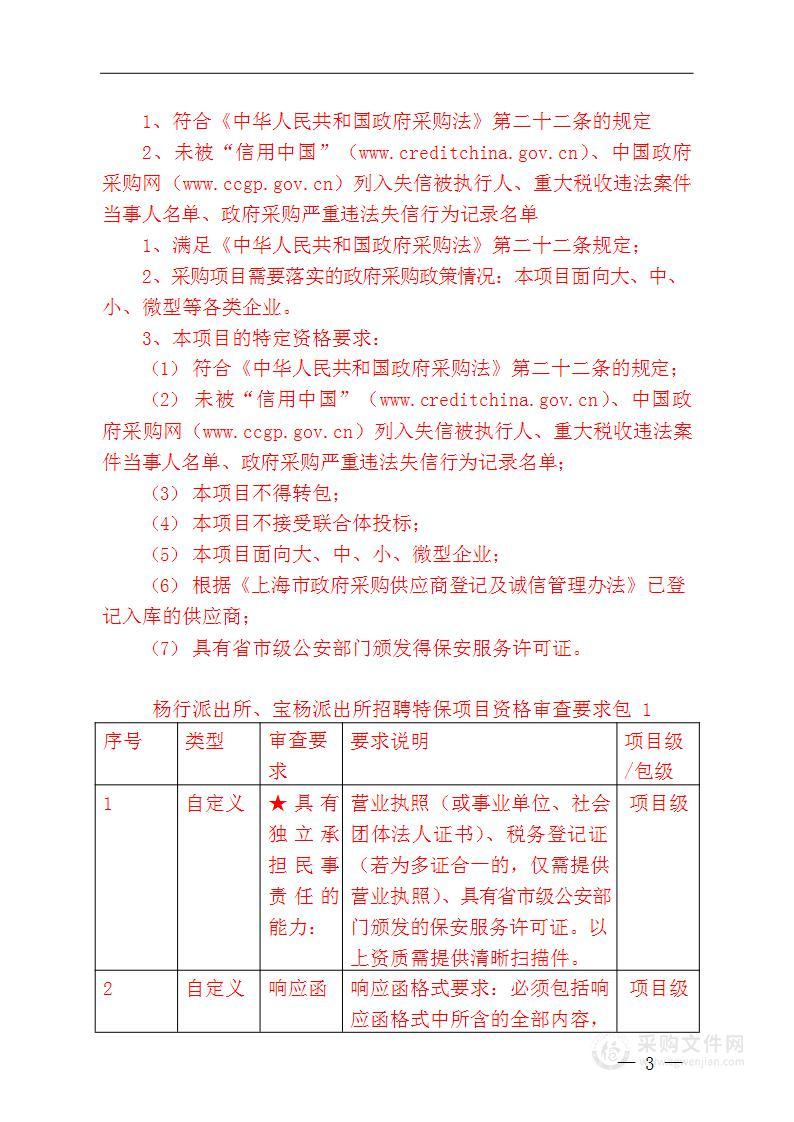 杨行派出所、宝杨派出所招聘特保项目