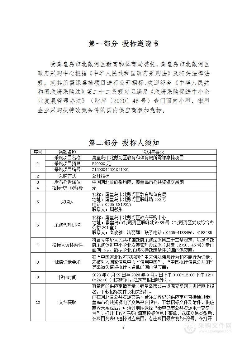 秦皇岛市北戴河区教育和体育局所需课桌椅项目