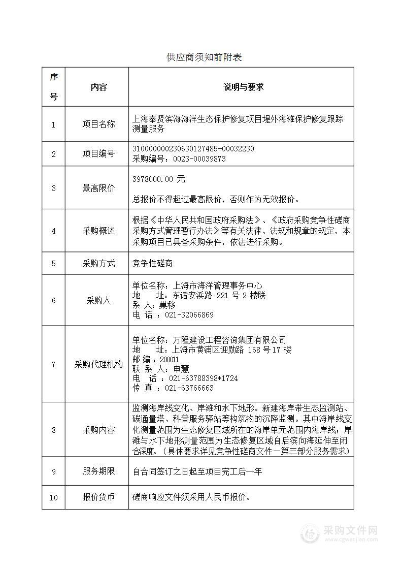 上海奉贤滨海海洋生态保护修复项目堤外海滩保护修复跟踪测量服务