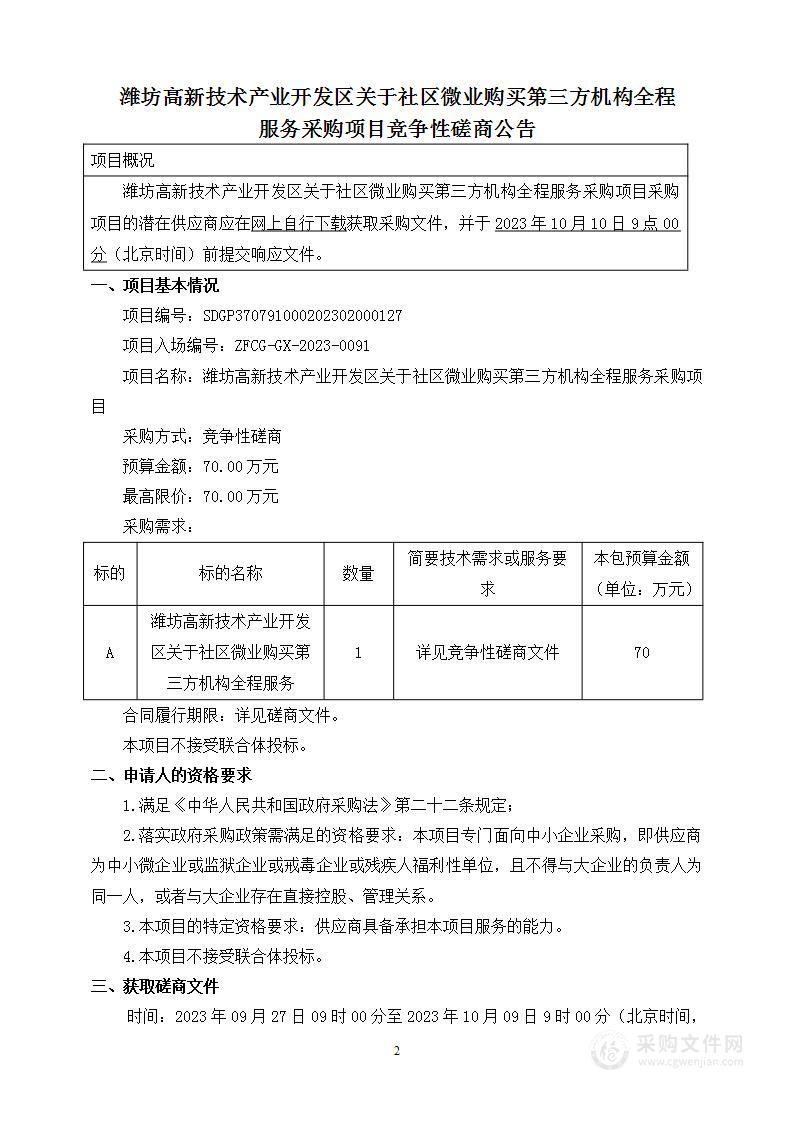 潍坊高新技术产业开发区关于社区微业购买第三方机构全程服务采购项目