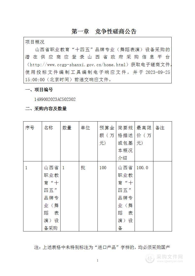 山西省职业教育“十四五”品牌专业（舞蹈表演）设备采购