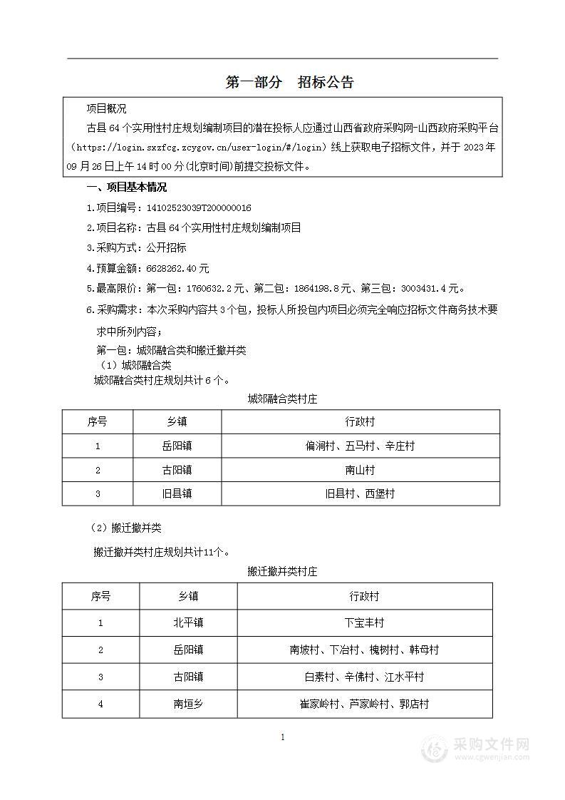 古县64个实用性村庄规划编制项目