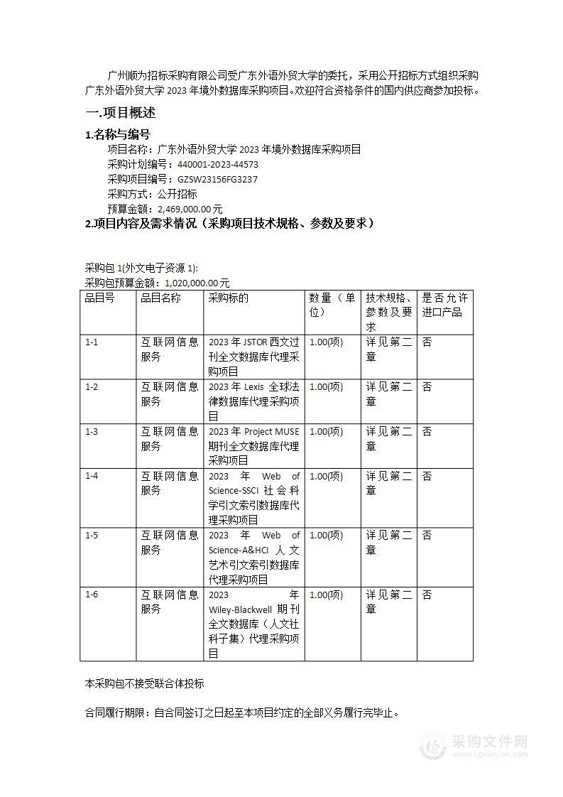 广东外语外贸大学2023年境外数据库采购项目