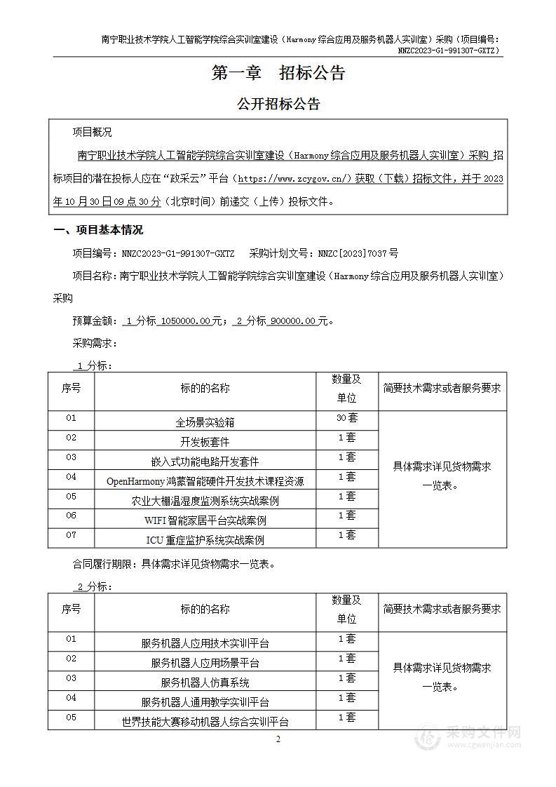 南宁职业技术学院人工智能学院综合实训室建设（Harmony综合应用实训室及服务机器人实训室）采购