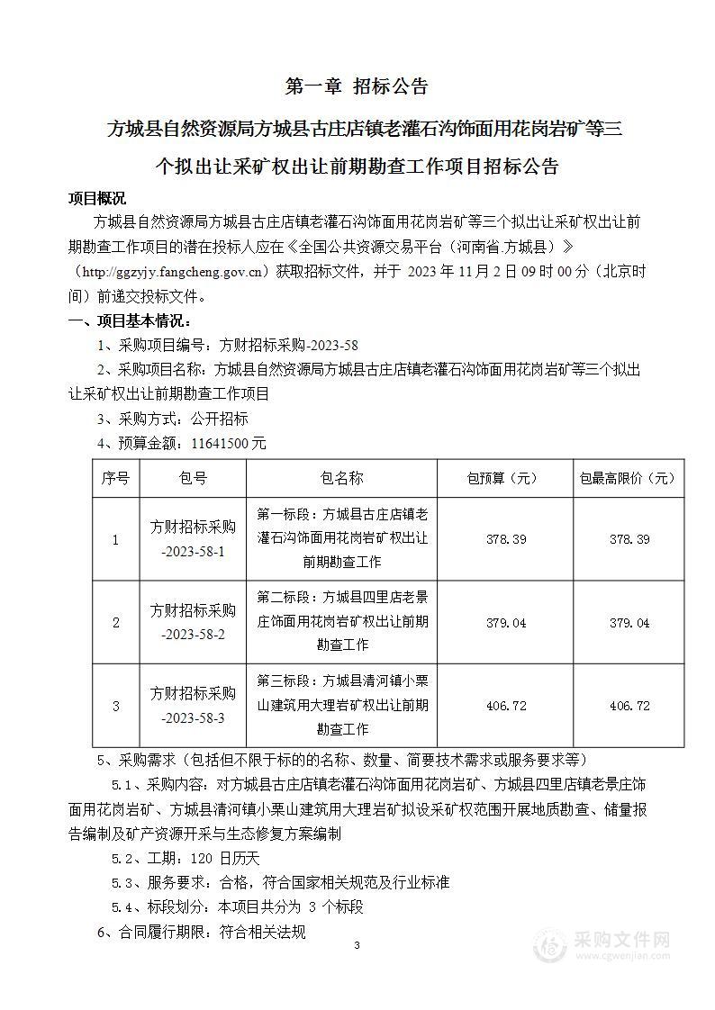 方城县自然资源局方城县古庄店镇老灌石沟饰面用花岗岩矿等三个拟出让采矿权出让前期勘查工作项目