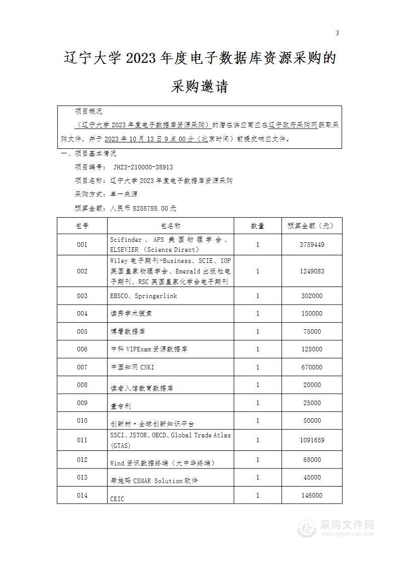 辽宁大学2023年度电子数据库资源采购