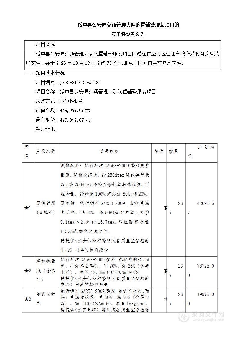 绥中县公安局交通管理大队购置辅警服装