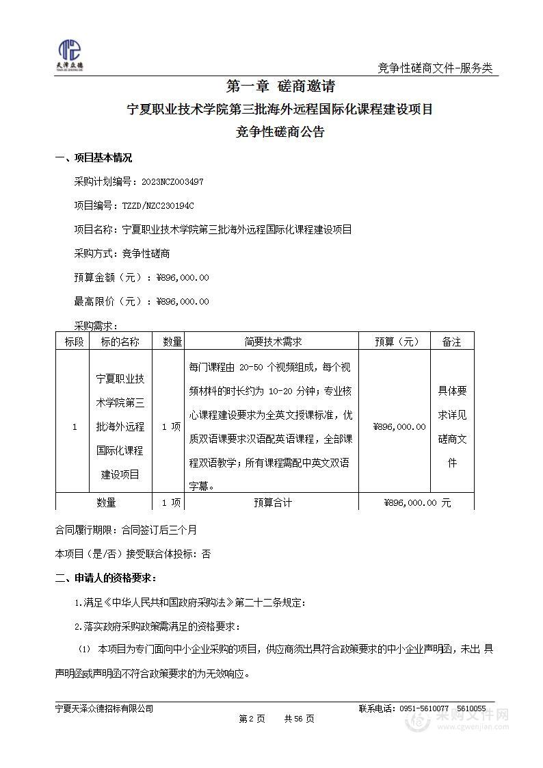 宁夏职业技术学院第三批海外远程国际化课程建设项目