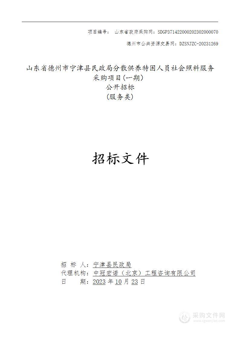 山东省德州市宁津县民政局分散供养特困人员社会照料服务采购项目（一期）