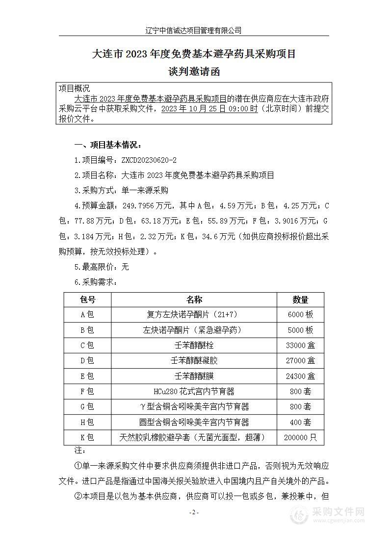 大连市2023年度免费基本避孕药具采购项目