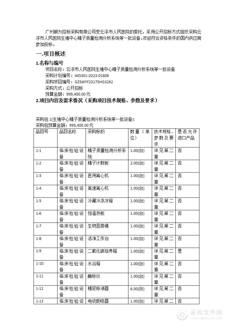 云浮市人民医院生殖中心精子质量检测分析系统等一批设备