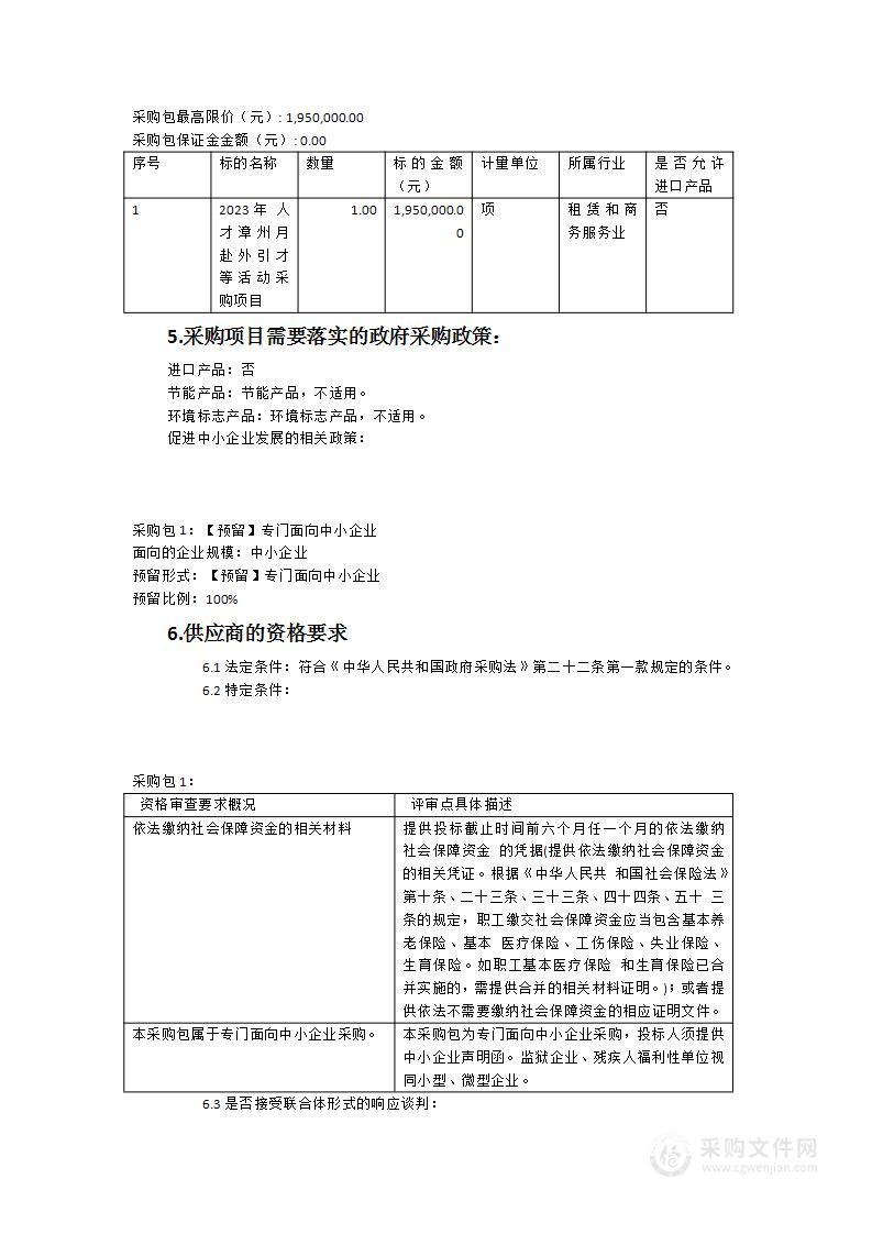 2023年“人才漳州月”赴外引才等活动采购项目