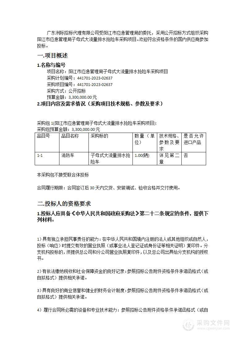 阳江市应急管理局子母式大流量排水抢险车采购项目