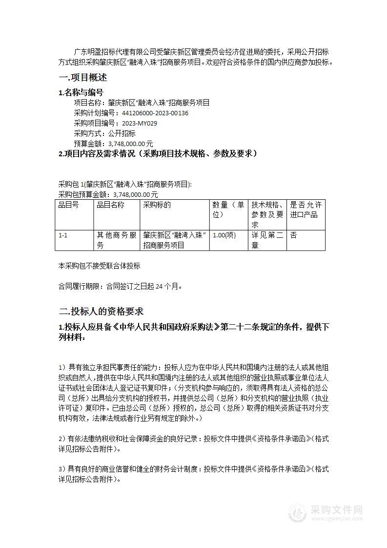 肇庆新区“融湾入珠”招商服务项目