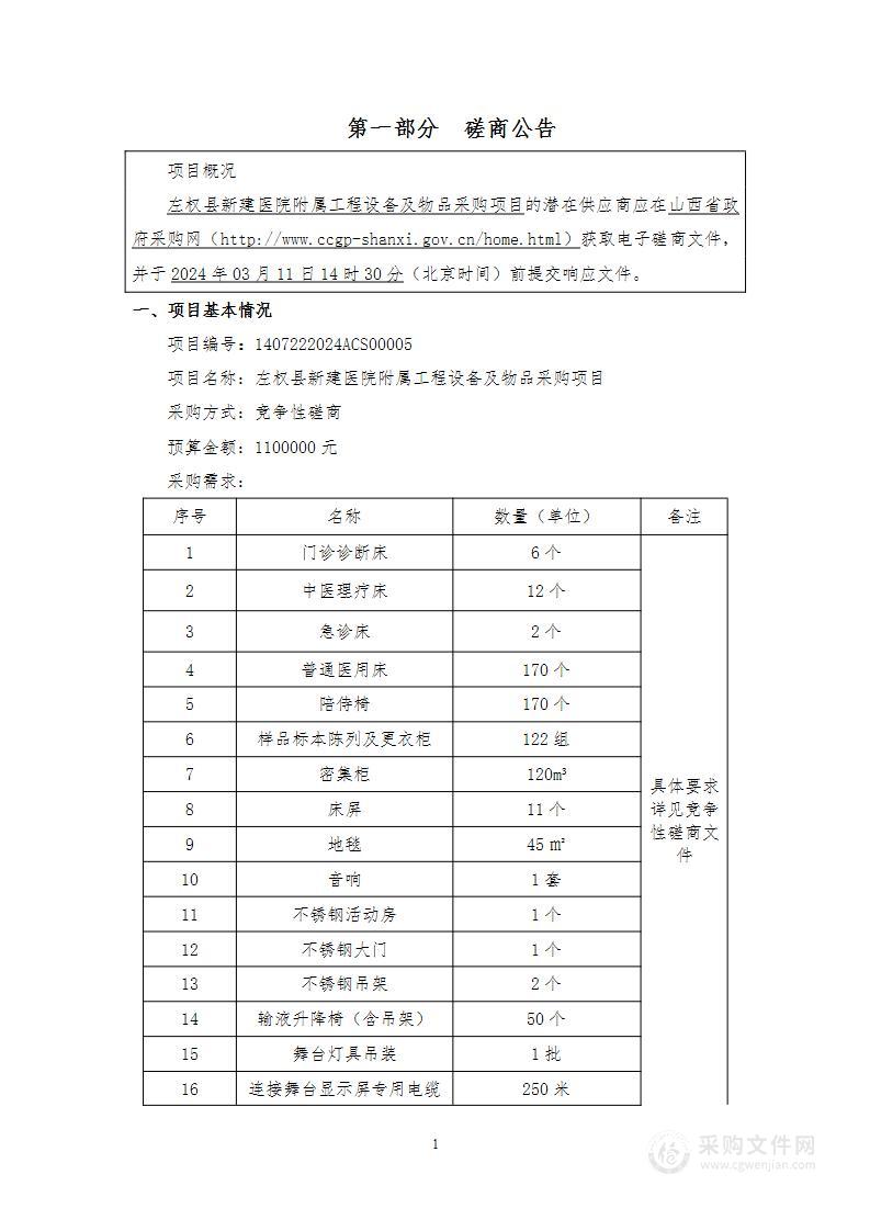 左权县新建医院附属工程设备及物品采购项目