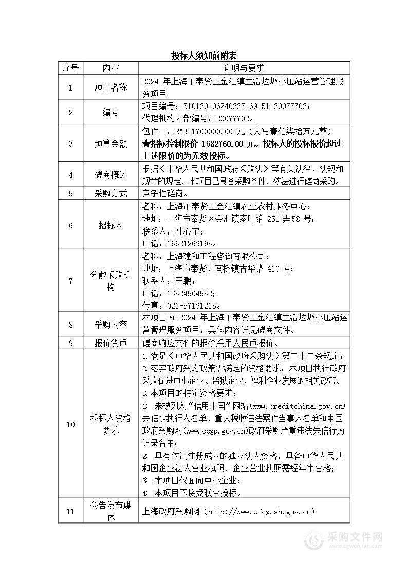 2024年上海市奉贤区金汇镇生活垃圾小压站运营管理服务项目