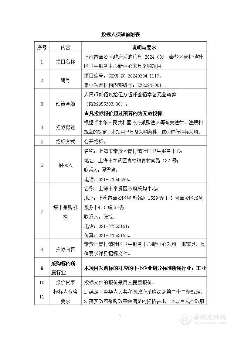 上海市奉贤区政府采购信息 2024-009--奉贤区青村镇社区卫生服务中心新中心家具采购项目