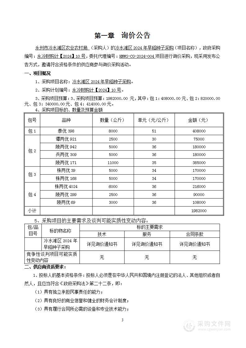 冷水滩区2024年早稻种子采购