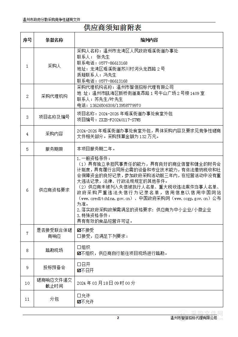 2024-2026年瑶溪街道办事处食堂外包