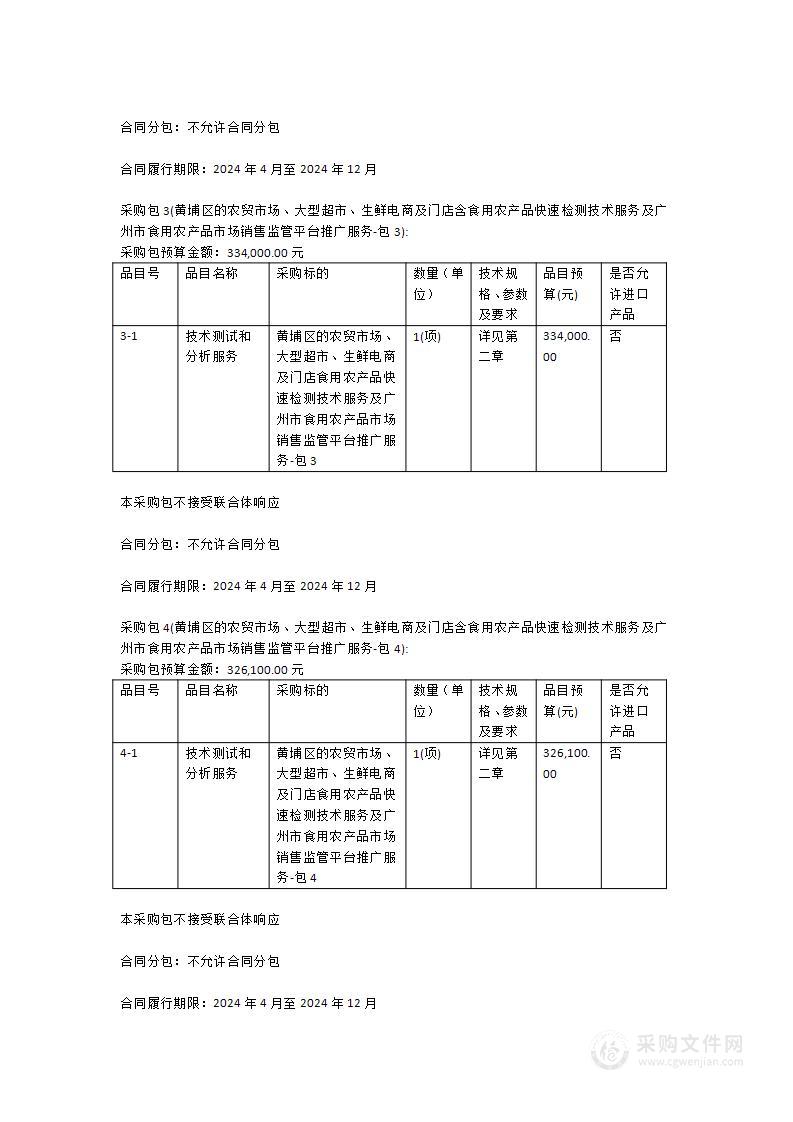 黄埔区的农贸市场、大型超市、生鲜电商及门店食用农产品快速检测技术服务及广州市食用农产品市场销售监管平台推广服务项目