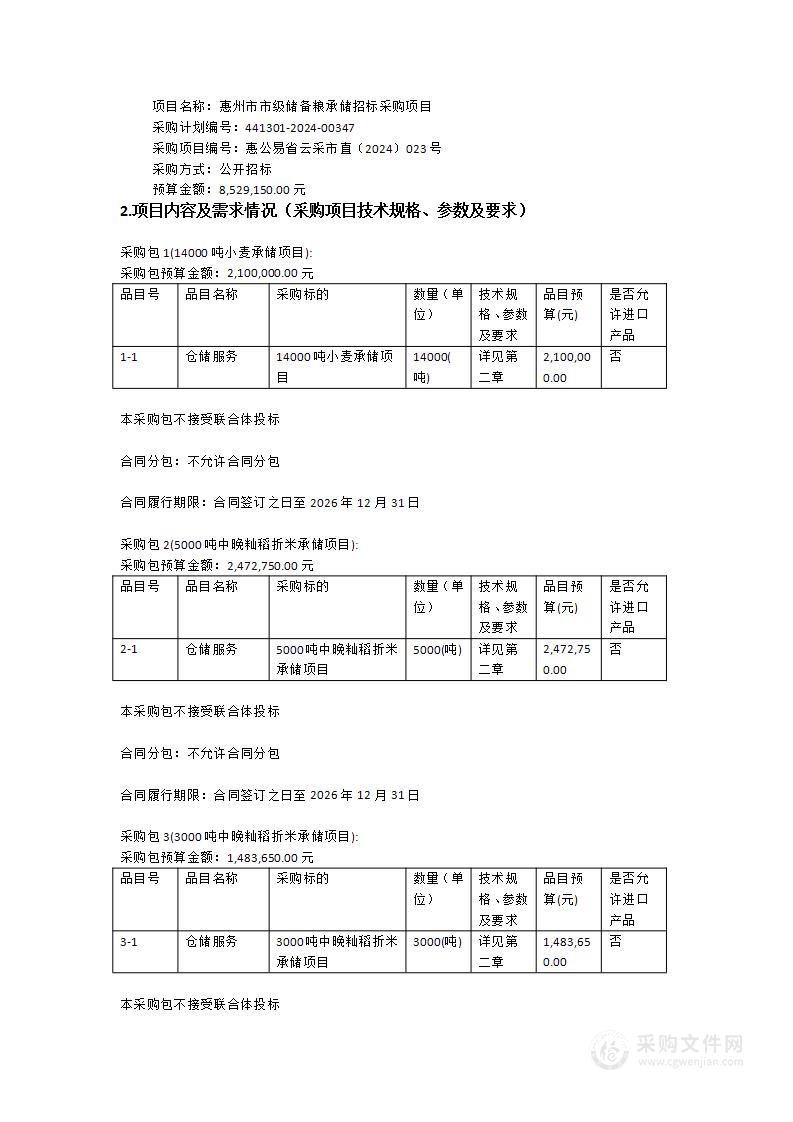 惠州市市级储备粮承储招标采购项目