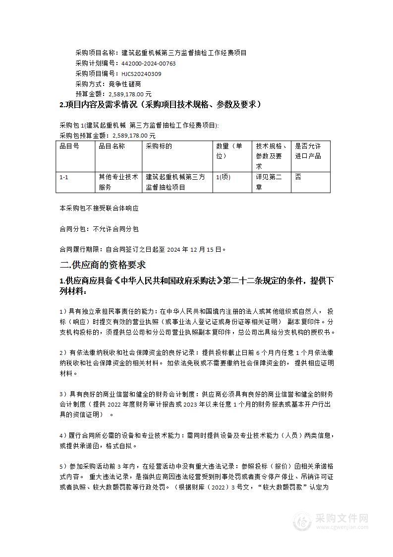 建筑起重机械第三方监督抽检工作经费项目