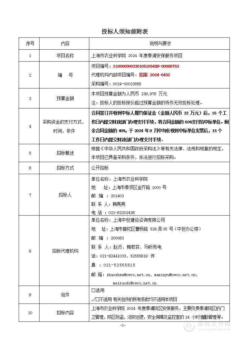 上海市农业科学院2024年度奉浦安保服务项目