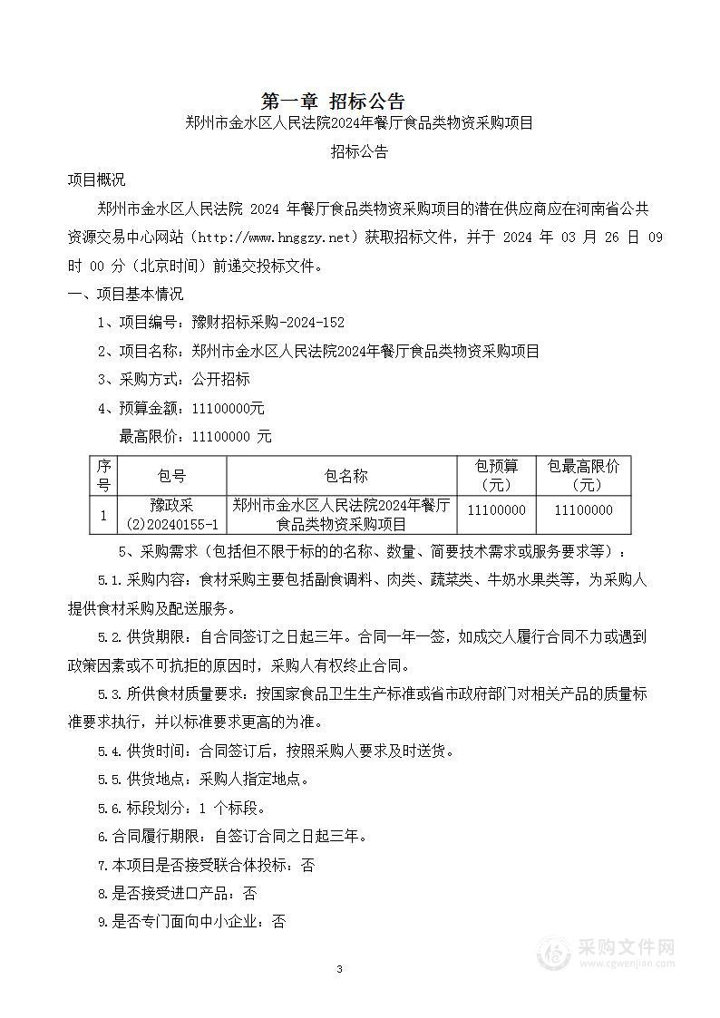 郑州市金水区人民法院2024年餐厅食品类物资采购项目