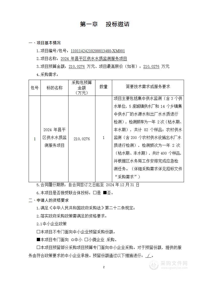 2024年昌平区供水水质监测服务项目