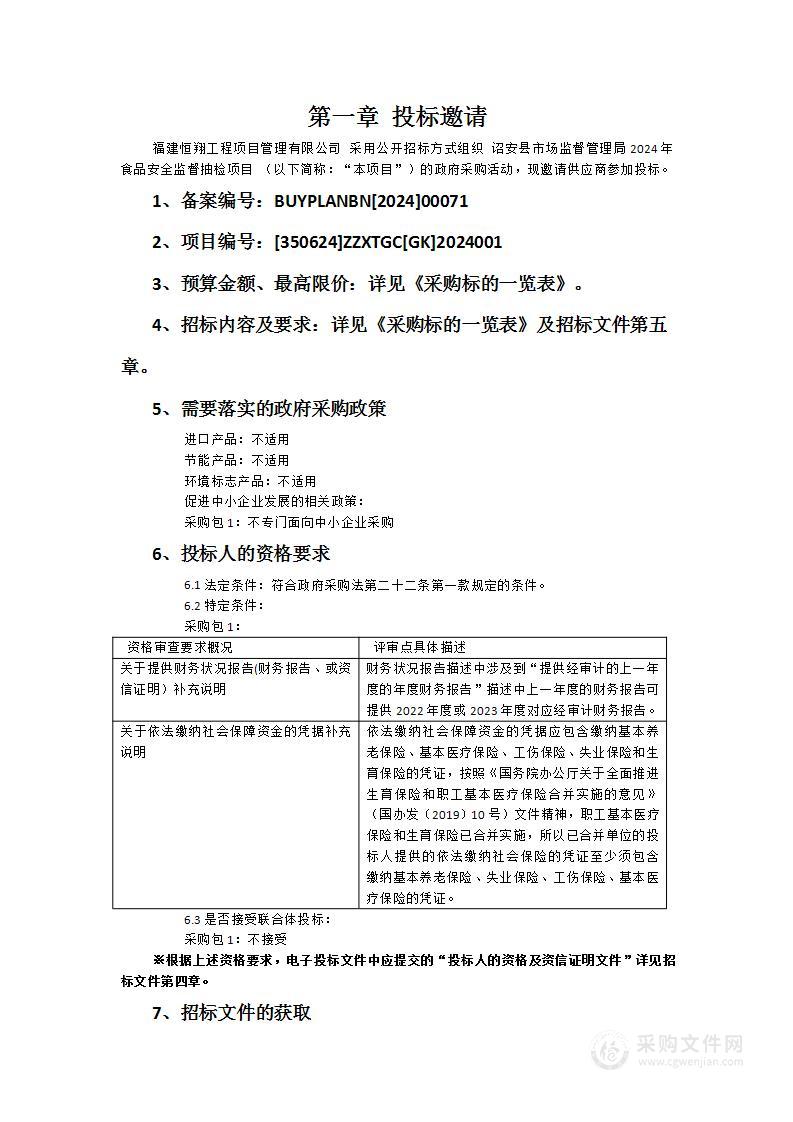 诏安县市场监督管理局2024年食品安全监督抽检项目