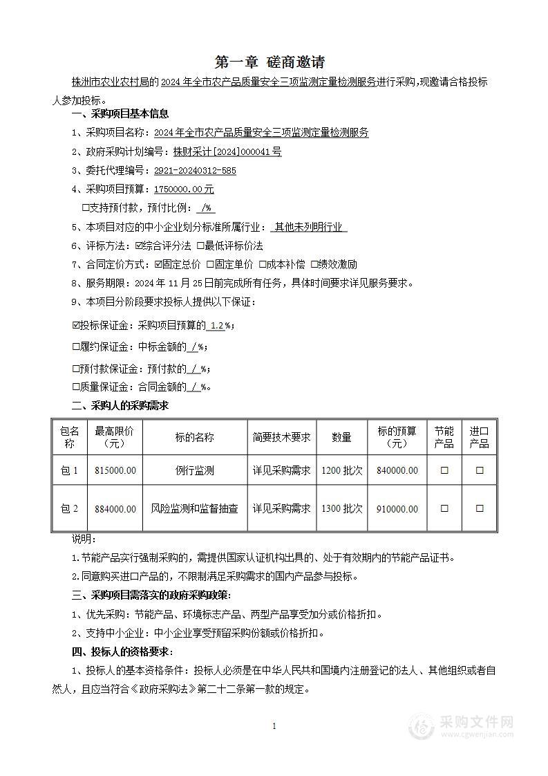 2024年全市农产品质量安全三项监测定量检测服务