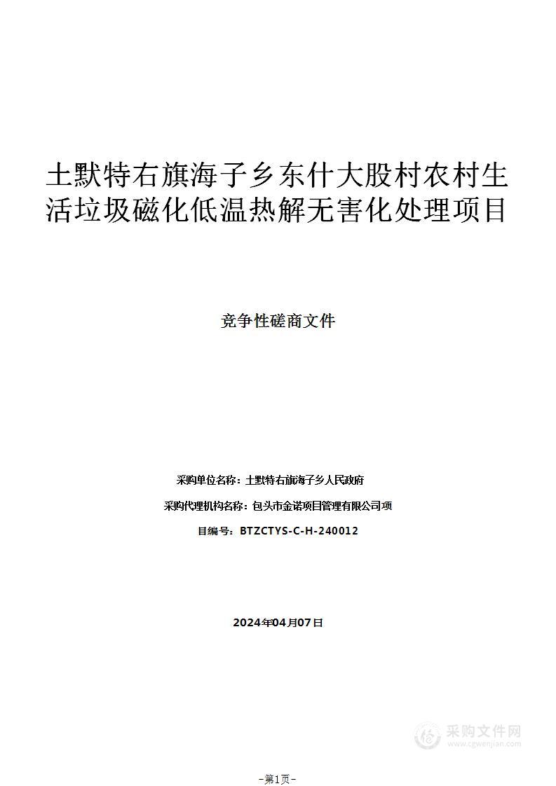 土默特右旗海子乡东什大股村农村生活垃圾磁化低温热解无害化处理项目