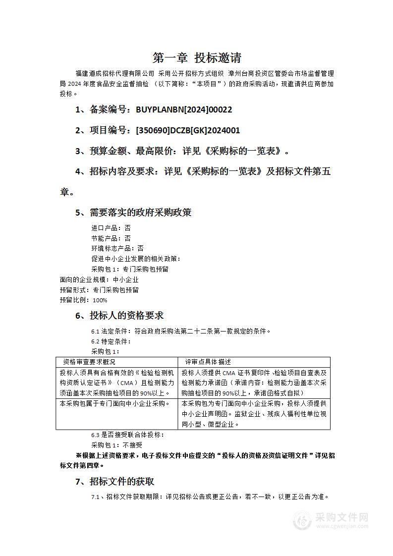 漳州台商投资区管委会市场监督管理局2024年度食品安全监督抽检