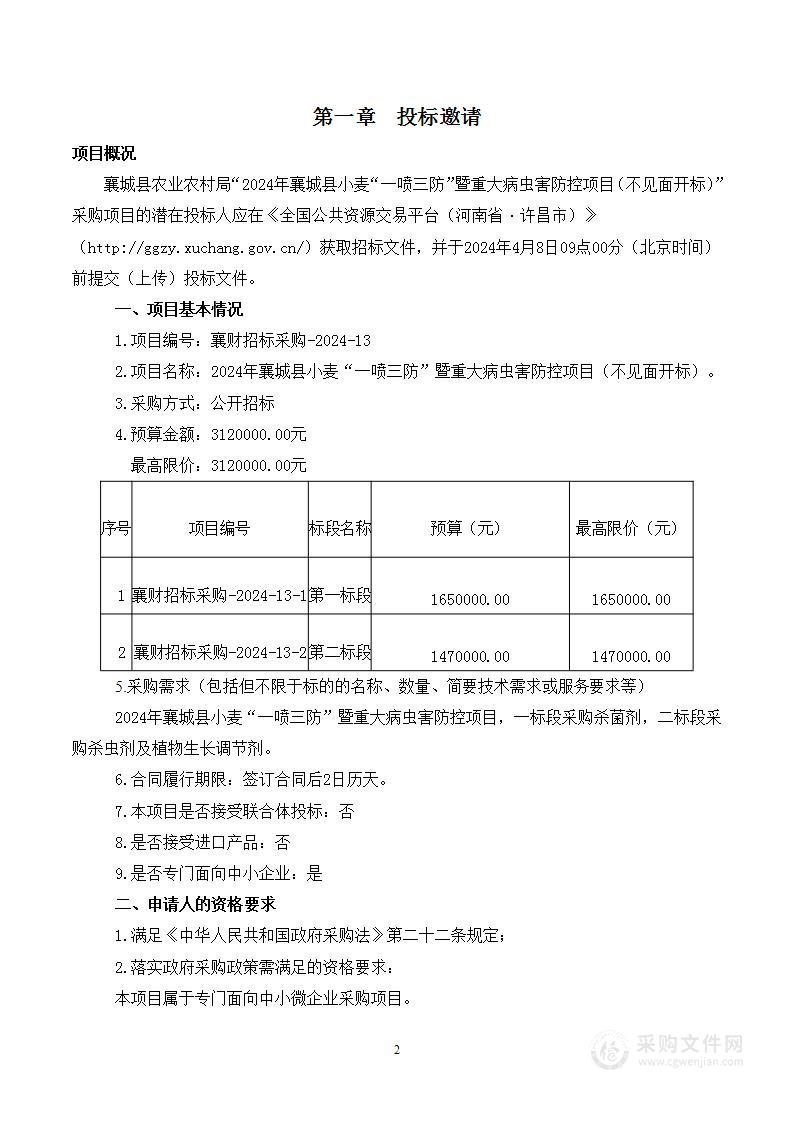 2024年襄城县小麦“一喷三防”暨重大病虫害防控项目