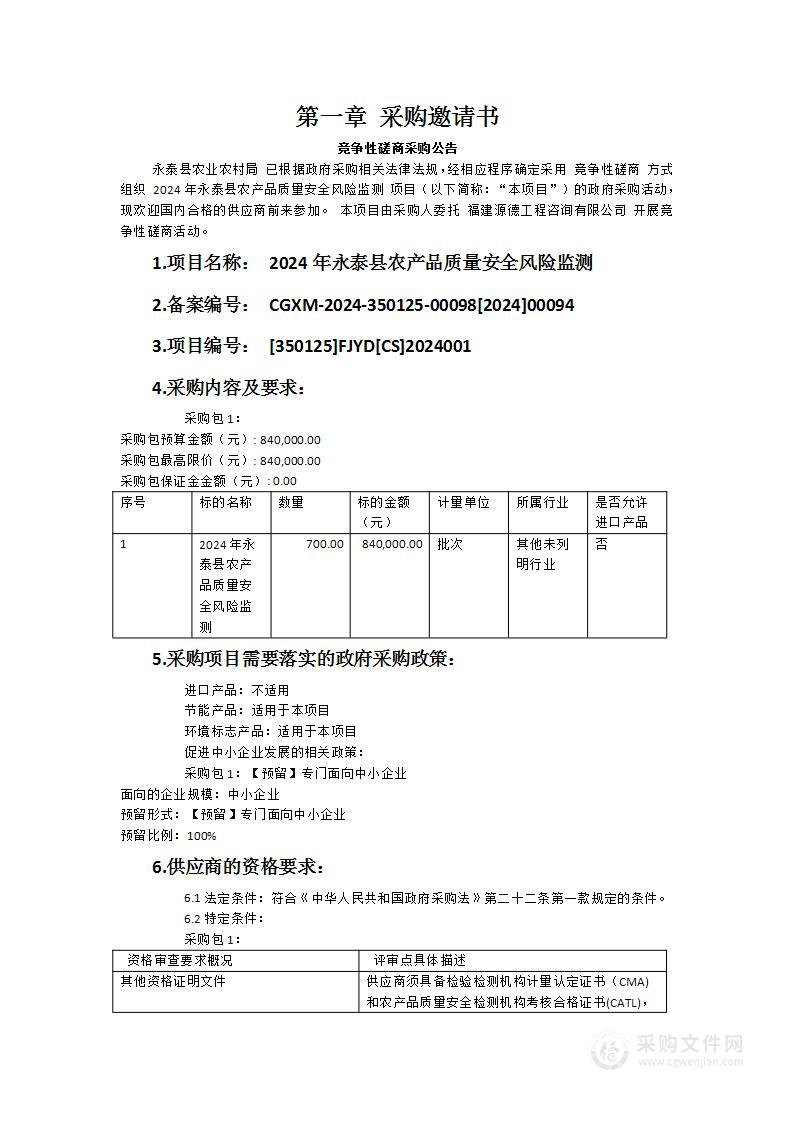 2024年永泰县农产品质量安全风险监测