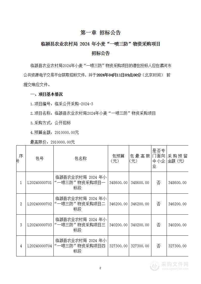 临颍县农业农村局2024年小麦“一喷三防”物资采购项目