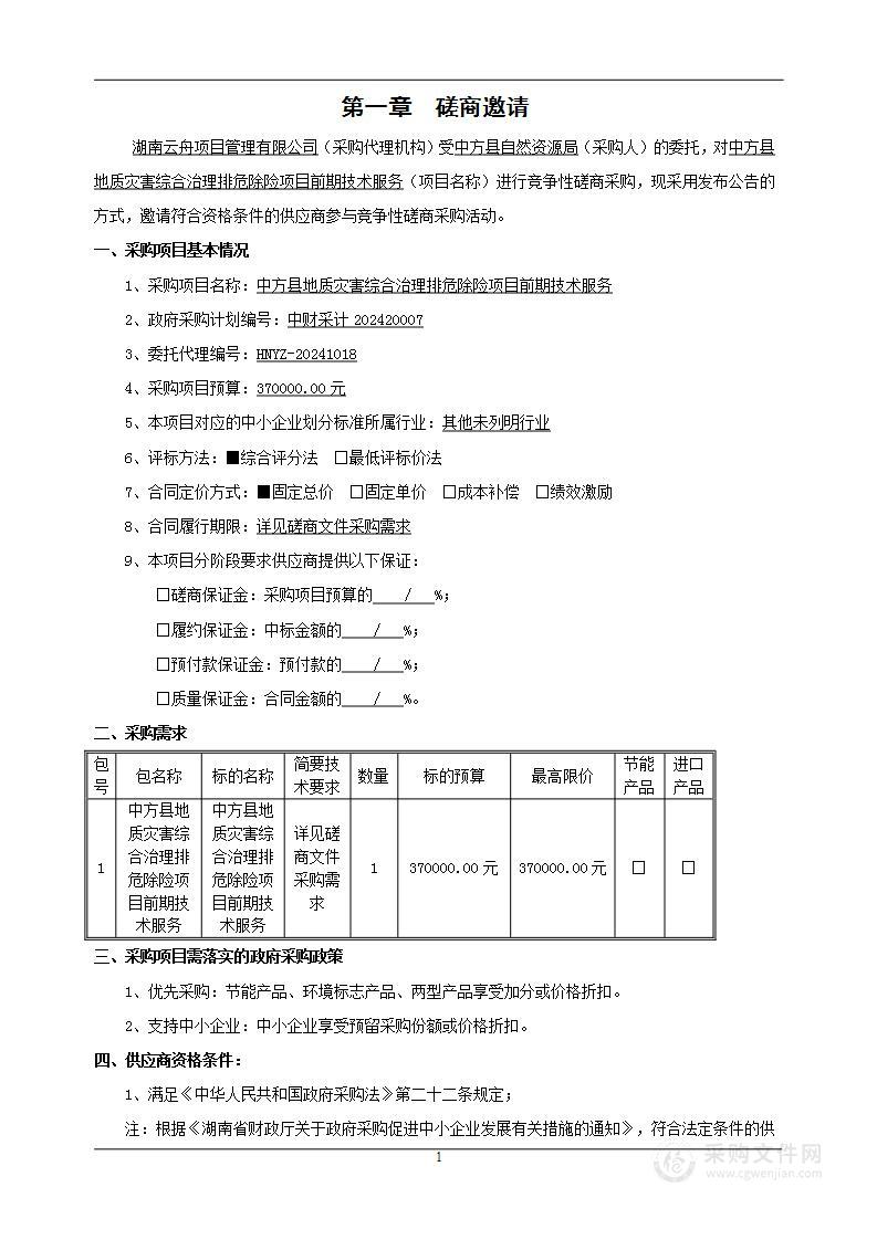 中方县地质灾害综合治理排危除险项目前期技术服务