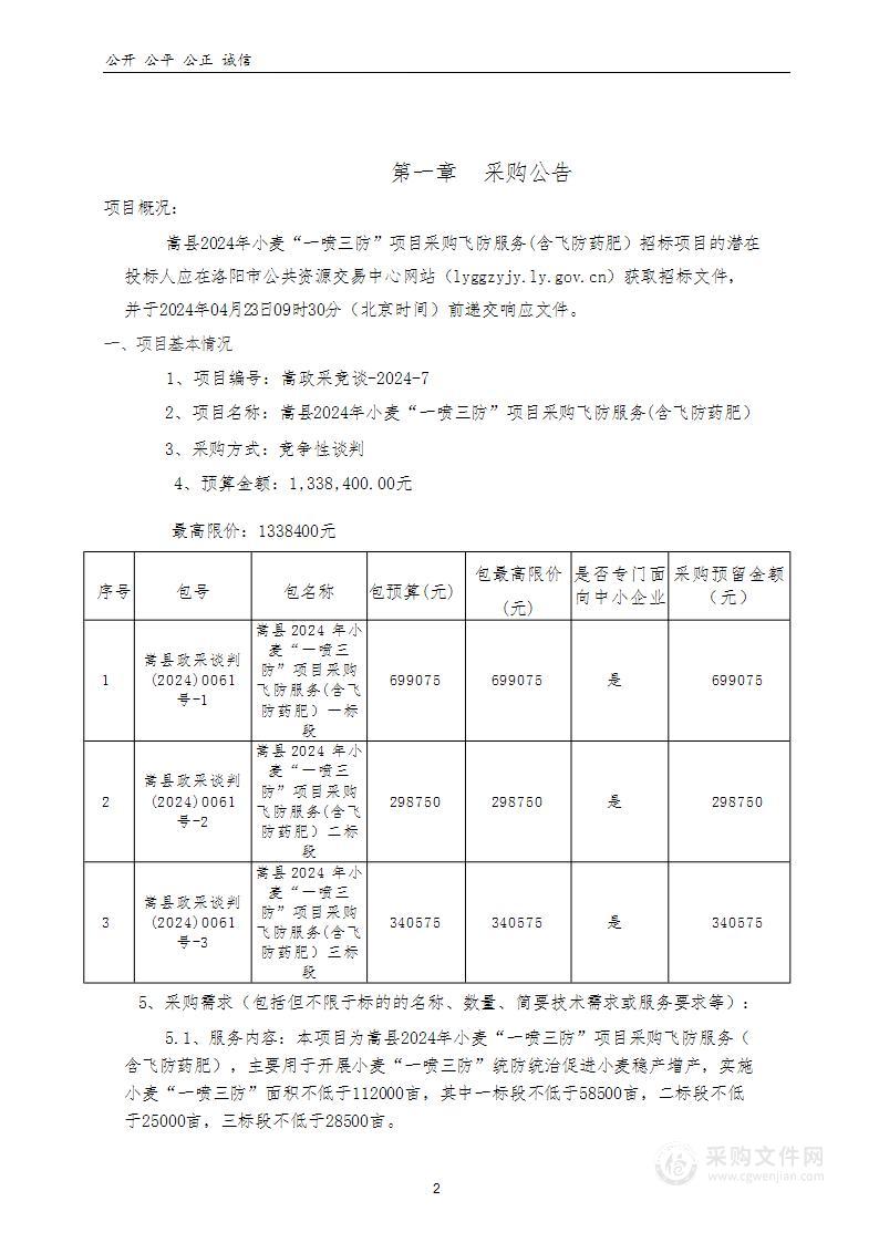 嵩县2024年小麦“一喷三防”项目采购飞防服务（含飞防药肥）