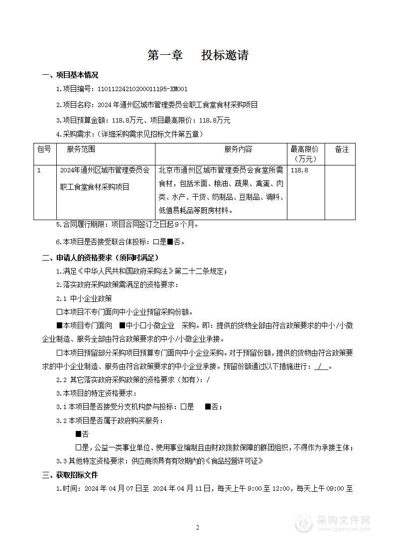 2024年通州区城市管理委员会职工食堂食材采购项目