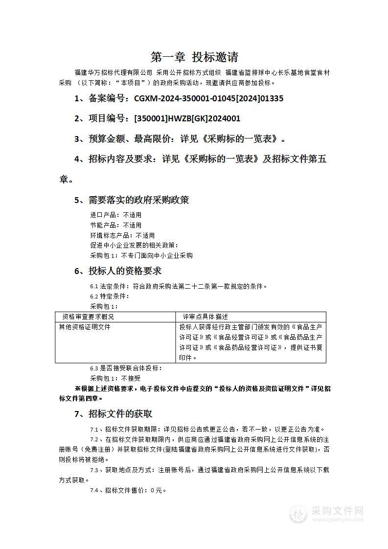 福建省篮排球中心长乐基地食堂食材采购