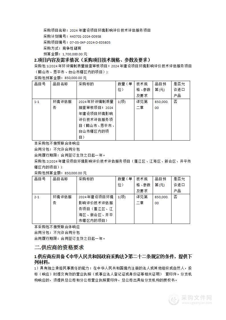 2024年建设项目环境影响评价技术评估服务项目