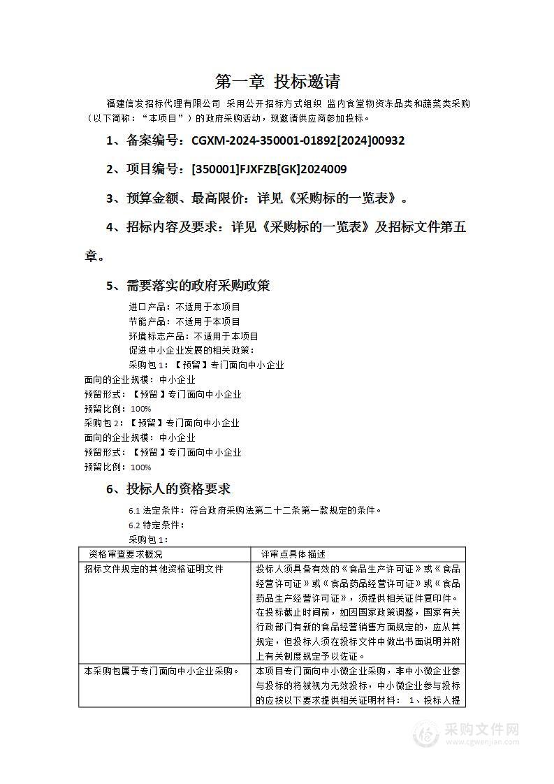 监内食堂物资冻品类和蔬菜类采购