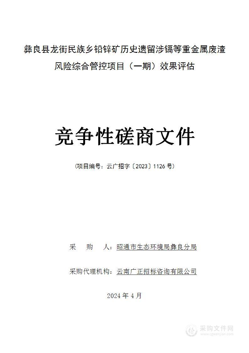 彝良县龙街民族乡铅锌矿历史遗留涉镉等重金属废渣风险综合管控项目（一期）效果评估