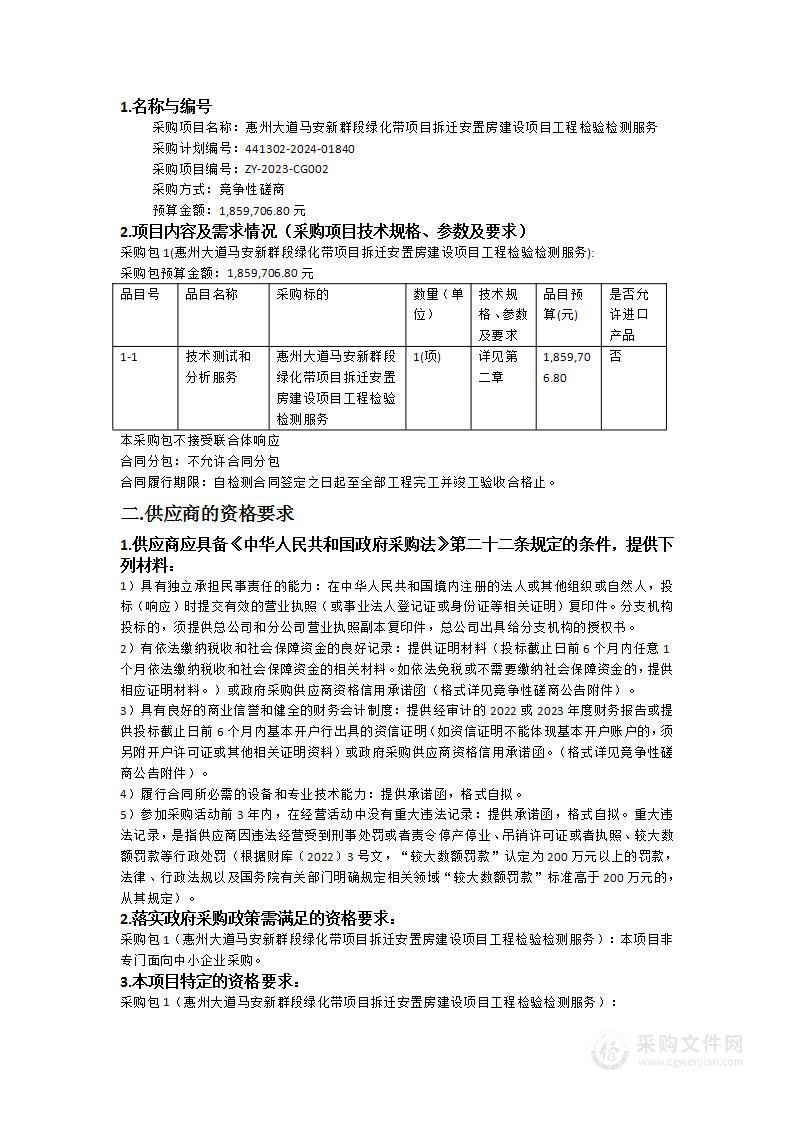 惠州大道马安新群段绿化带项目拆迁安置房建设项目工程检验检测服务